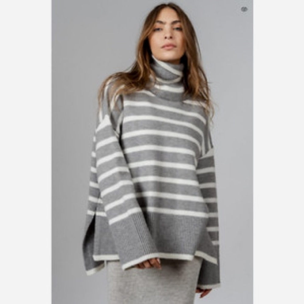Silk & Salt Denise Sweater Striped Gray and White‎ Turtleneck Medium